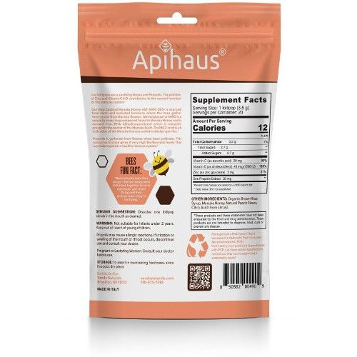 Apihaus Manuka Honey &amp; Propolis Peach Lollipops 20 count