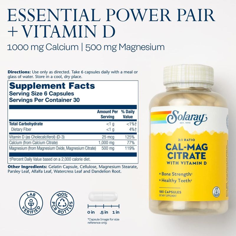 Solaray 2:1 Ratio CAL-MAG Citrate with Vitamin D-2 180 vc