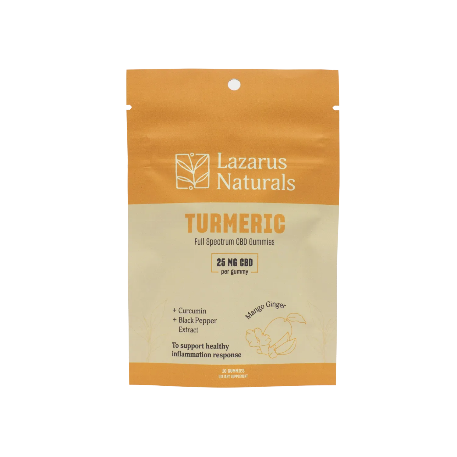 Lazarus Naturals Turmeric Full Spectrum CBD 25mg Gummies Mango Ginger Flavor 10 count