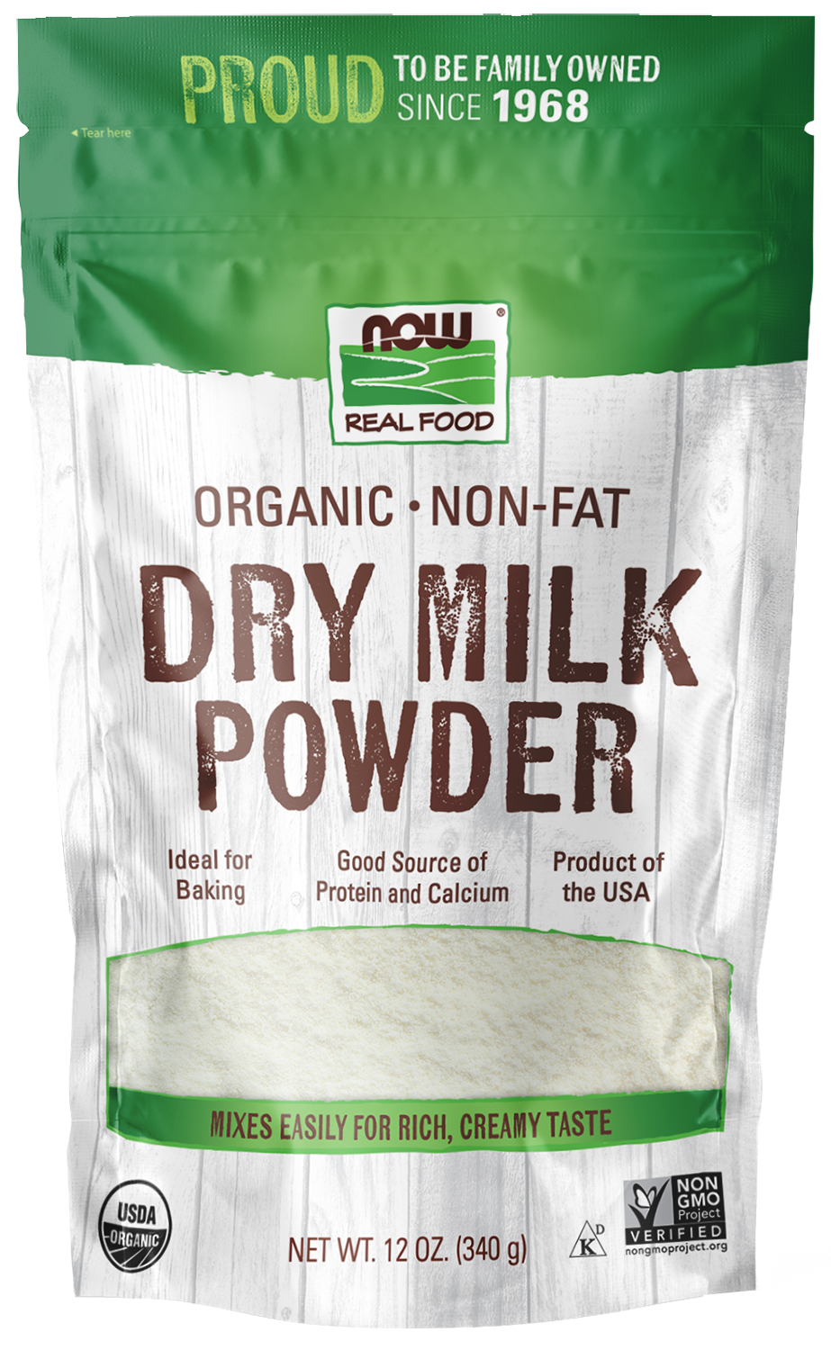 NOW Org. Non-Fat Dry Milk Powder. 12 oz.