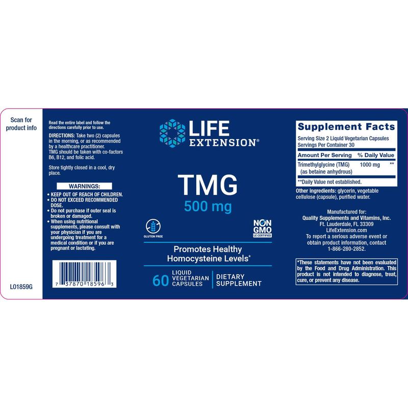 Life Extension TMG 500mg 60 liquid veg caps