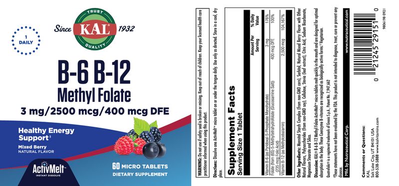Kal B-6 + B-12 Methyl Folate 3mg/ 2500mcg / 400mcg DFE 60 micro tabs