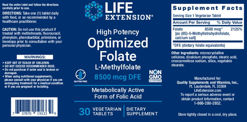 Life Extension High Potency Optimized Folate 8500 mcg DFE 30 tabs