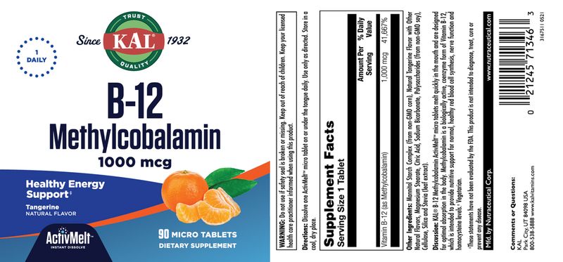 Kal B-12 Methylcobalamin 1000mcg 90 tangerine flavor micro tabs