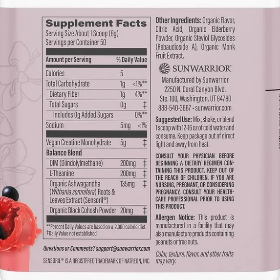 Sunwarrior Vegan Active Creatine Monohydrate for Her Rasberry Elderberry Lemonade flavor 14.1oz