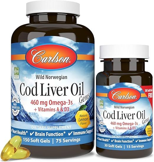 Carlson Wild Norwegian Cod Liver Oil Gems Lemon Flavor 150 sg + 30sg Bonus Bottle