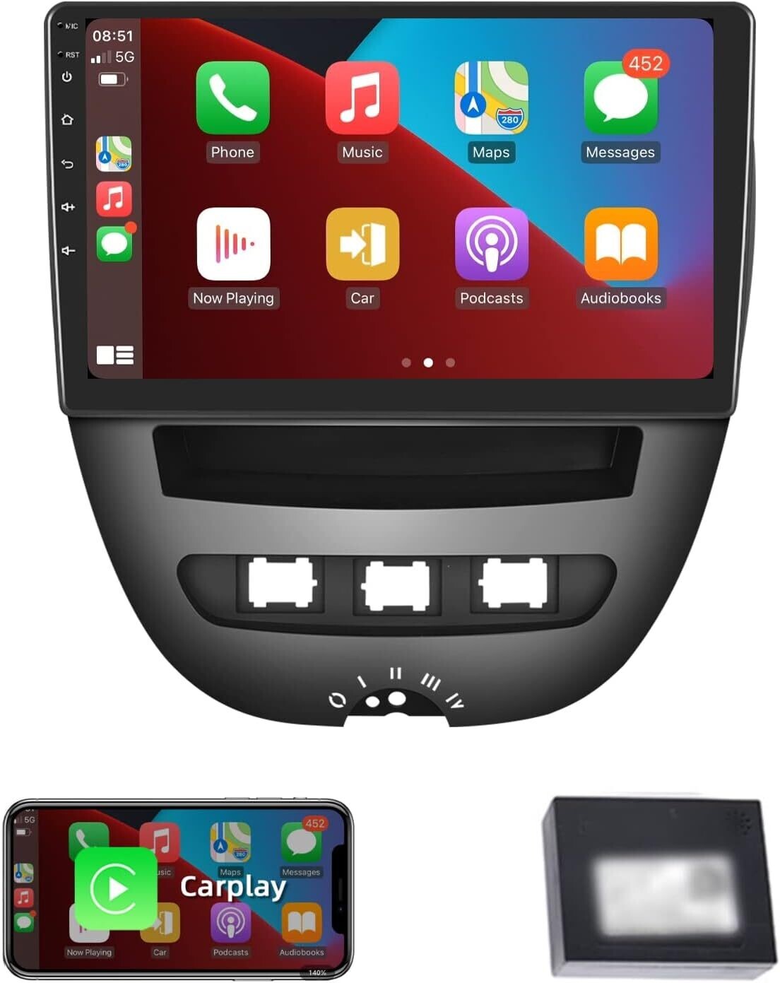 CARTABLET ANDROID PEUGEOT 308 107 CITROEN C1 TOYOTA AIGO 10 POLLICI QLED 4GB 64GB CUSTOMFIT CARPLAY ANDROIDAUTO WIFI 4G LTE