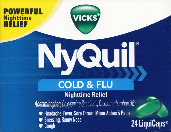 Viên uống trị ho cảm cúm, NyQuil Cold & Flu Nighttime Relief Liquid Capsules