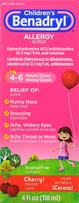 Siro chống dị ứng cho trẻ em Benadryl Kids Allergy Liquid Cherry 4oz