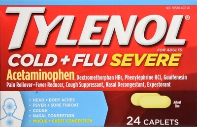 Trị cảm cúm,nghẹt mũi, hạ sốt,  Tylenol Cold + Flu Severe Caplet 24ct