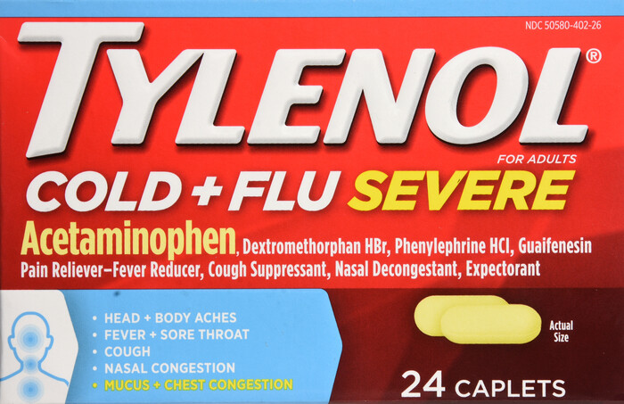 Trị cảm cúm,nghẹt mũi, hạ sốt,  Tylenol Cold + Flu Severe Caplet 24ct