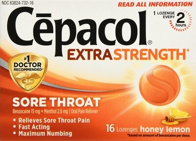 Kẹo thông cổ Cepacol Extra Strength Sore Throat Lozenges, 16ct Honey Lemon