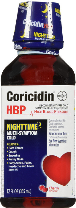 Siro trị cảm cúm cho người cao huyết áp Coricidin HBP Nighttime (Multi-symptom) Cold Liquid 12fl oz