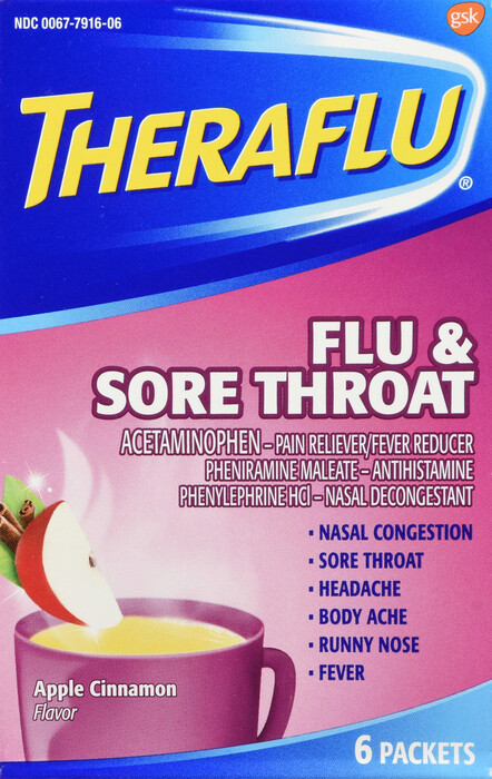 Trị cảm cúm va ho Theraflu Flu & Sore Throat Powder 6ct