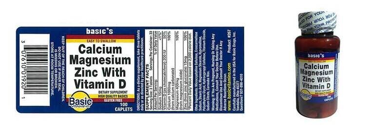 Bổ sung Canxi, Magie và Kẽm, Basic's Calcium + Magnesium + Zinc Tablet 100ct