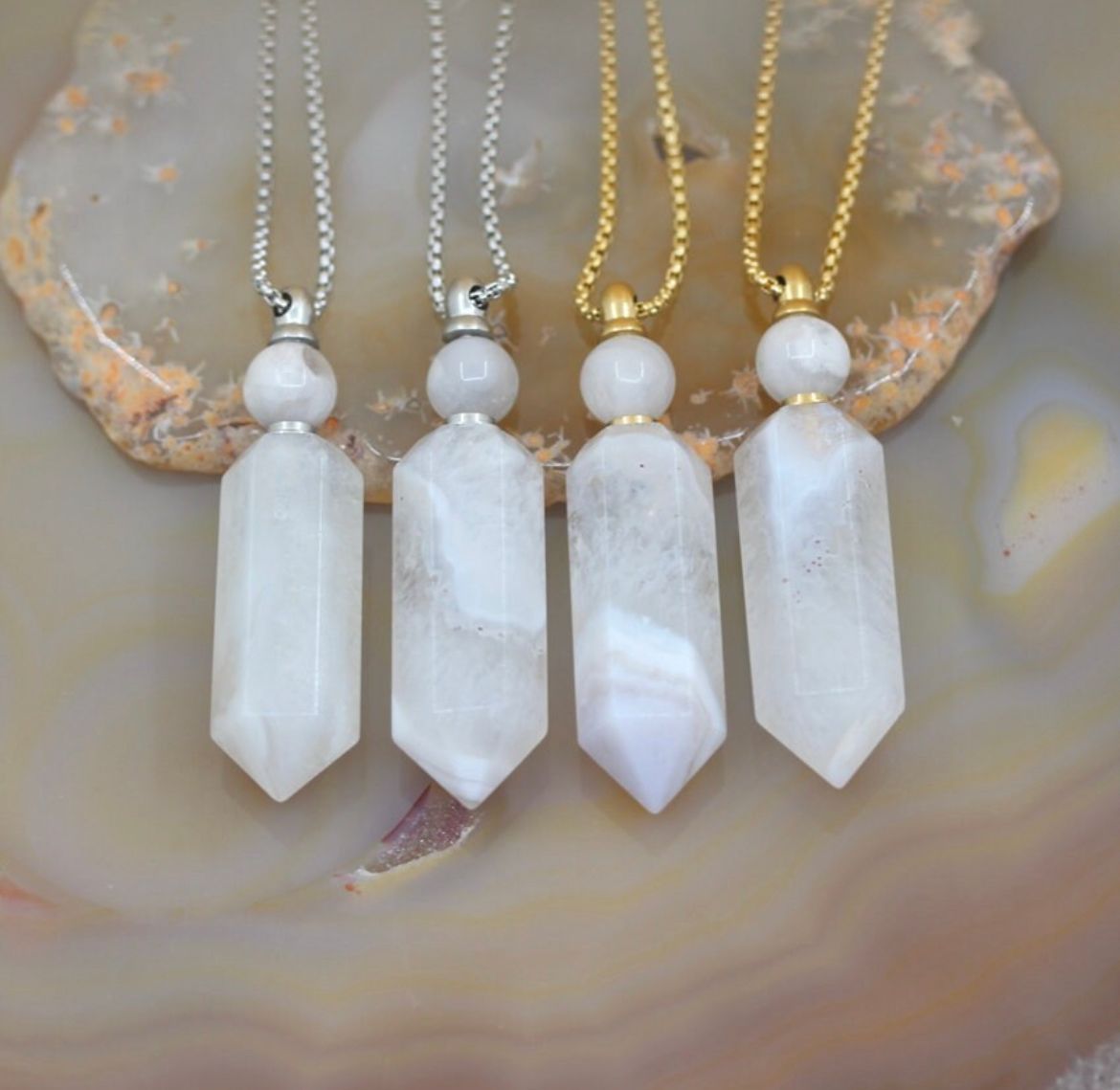 Crystal Essential Oil Perfume Bottle Necklace - White Agate Druzy