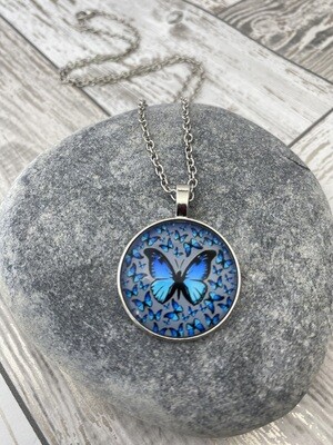 Blue Butterfly Round Pendant Necklace