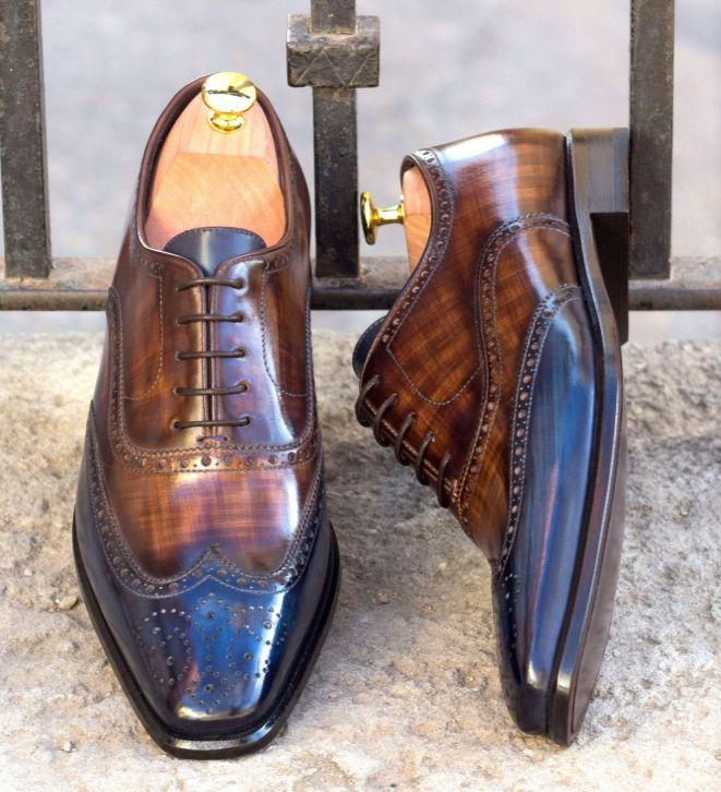 Full Brogue Patina - Med. Brown box calf + brown patina + denim patina - Saphir Patina Shoe Care Kit included with purchase.