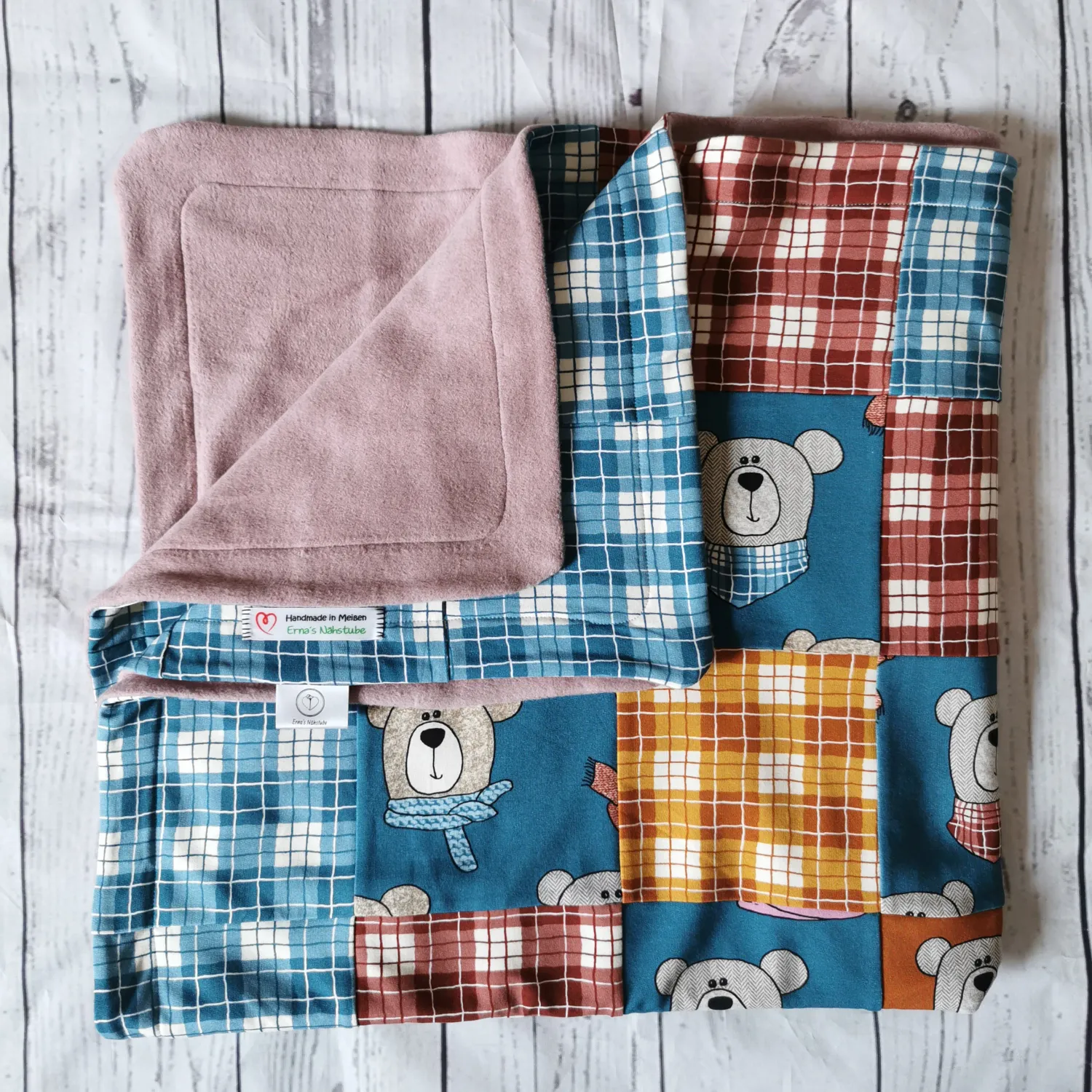 Kuscheldecke Babydecke "Bärchen - blau / rosa" VS Sweat + RS kuscheliger Fleece