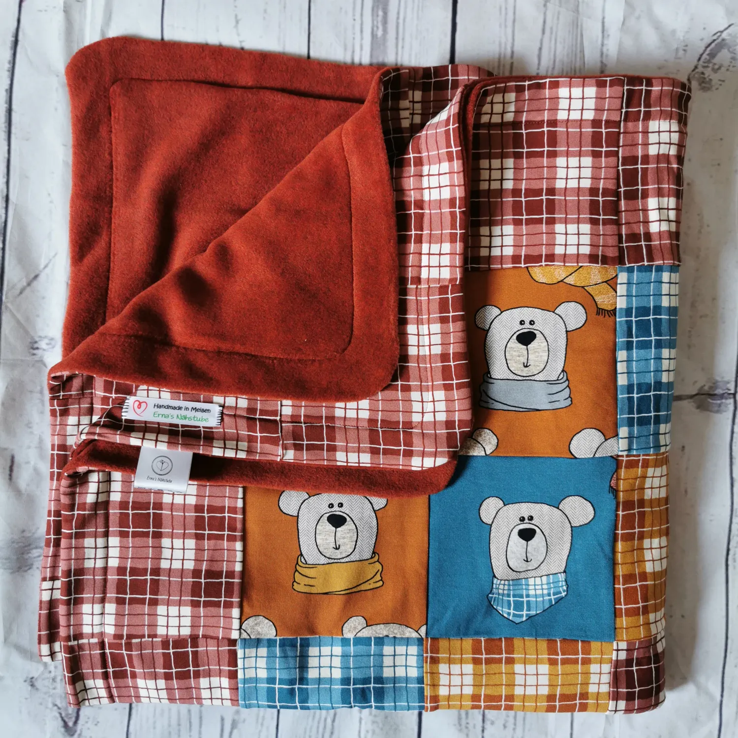 Kuscheldecke Babydecke "Bärchen - rot / blau" VS Sweat + RS kuscheliger Fleece