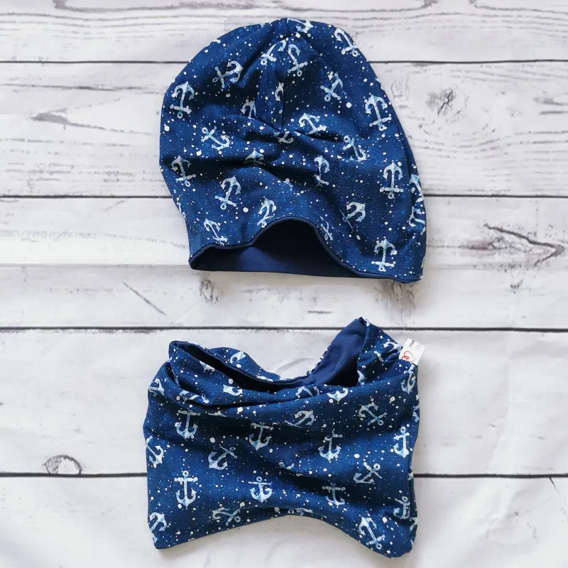 Set: Beanie Mütze + Schlupfschal "Anker" Gr. 52