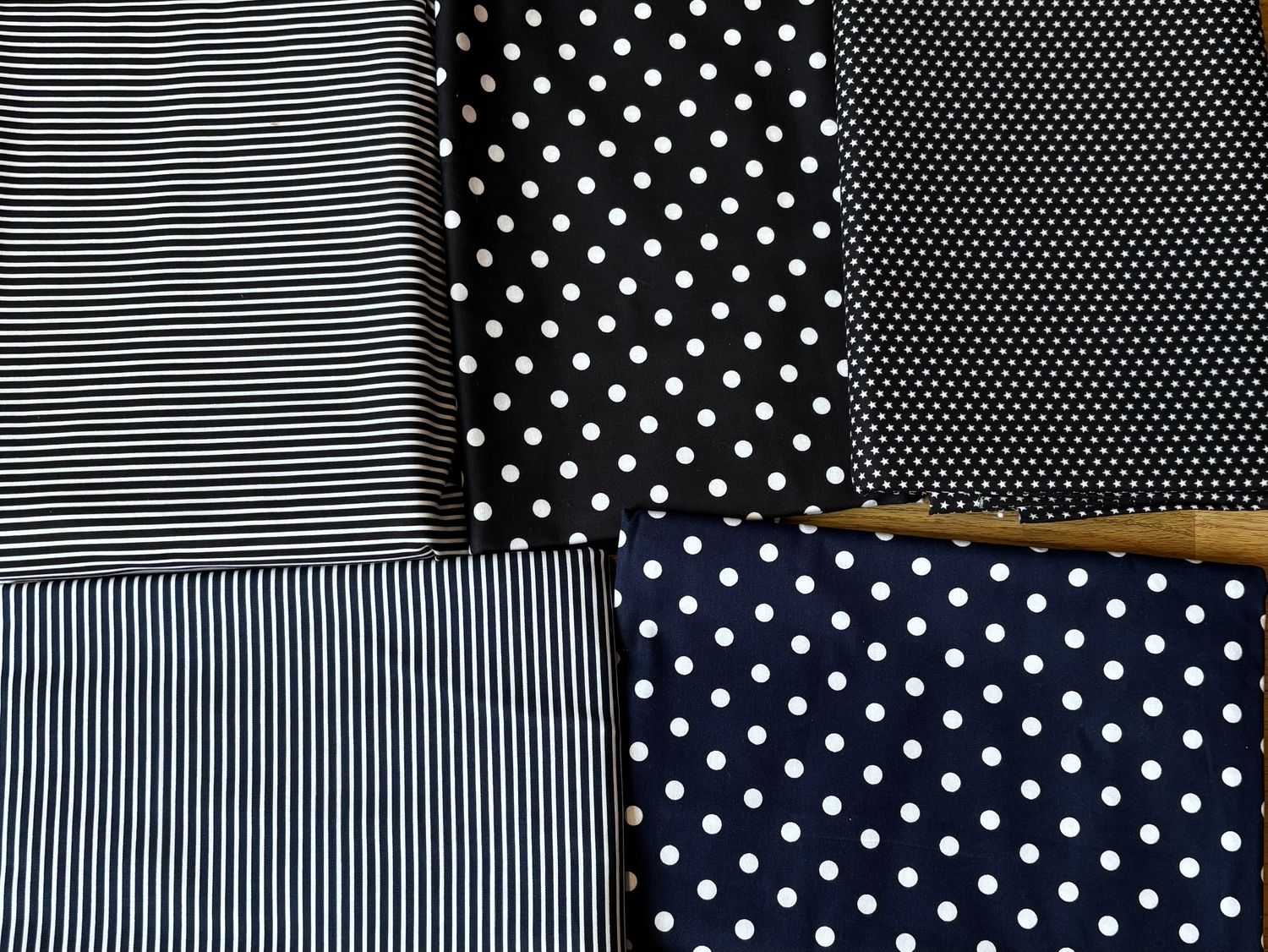 10m Baumwoll Webware mit Muster blau schwarz Streifen, Sterne, Punkte