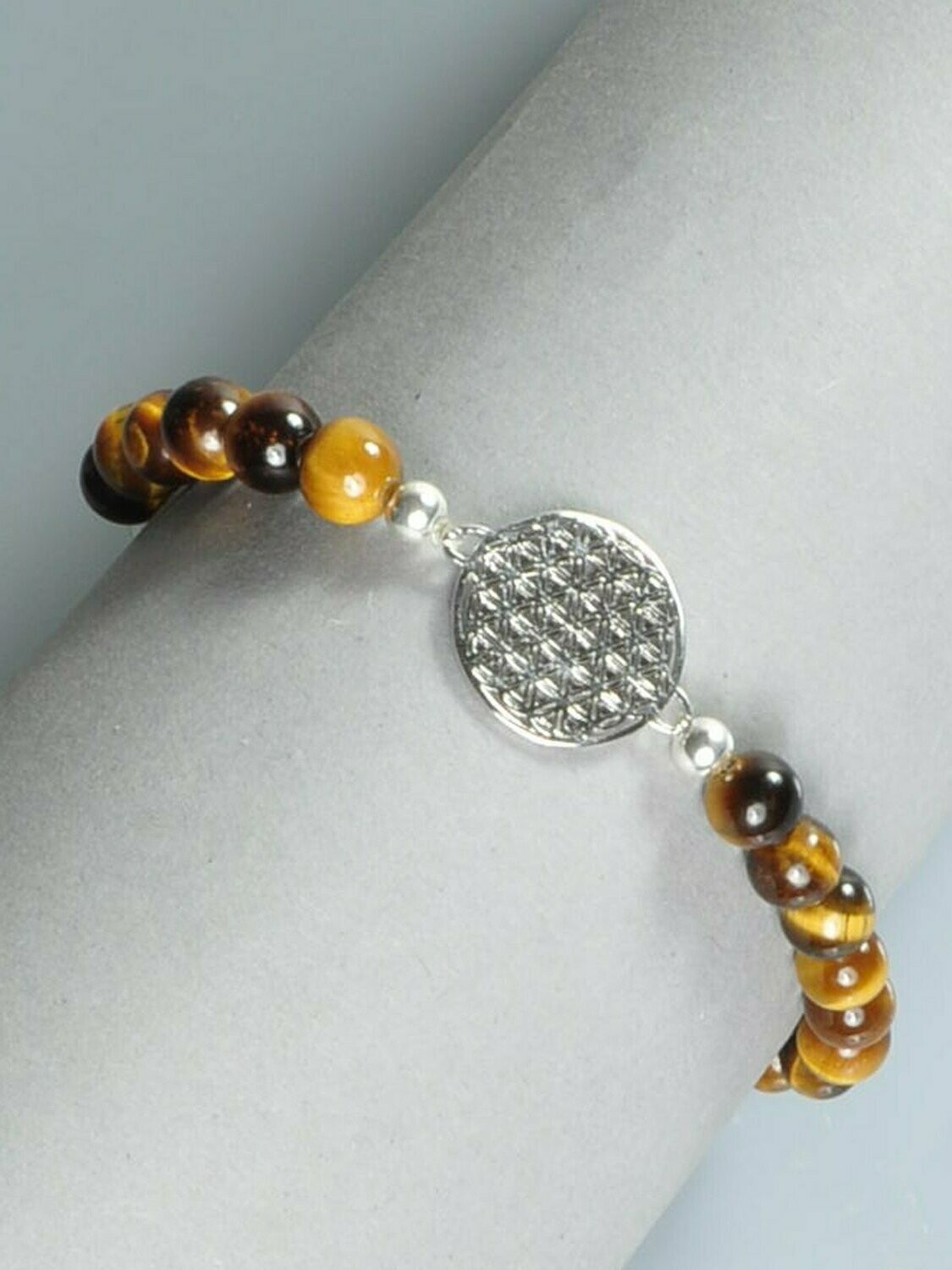 Armband Tigerauge mit 925 Silber Lebensblume