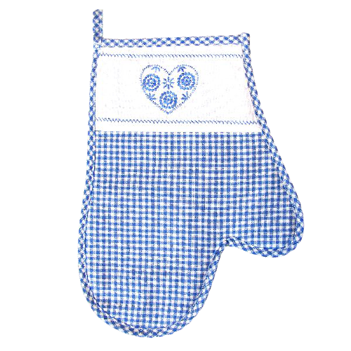 Topfhandschuh, blau-weiß kariert Stickerei ''Herz''