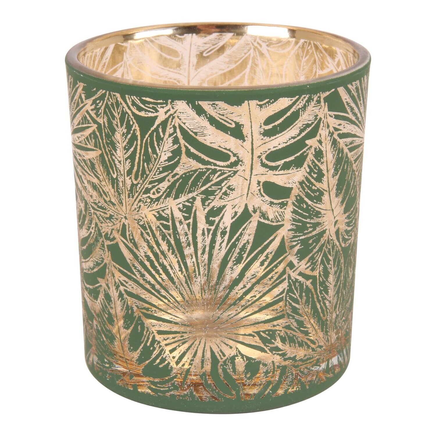 Teelicht 10cm | gold/grün Blattdruck
