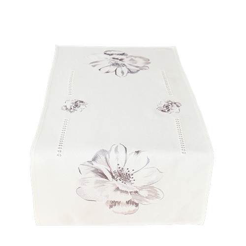 Läufer 40/90 wollweiß/grau Stickerei "Blumen" Hohlsaum