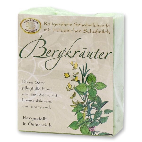 Kaltgerührte Schafmilchseife 150g klassisch verpackt, Bergkräuter