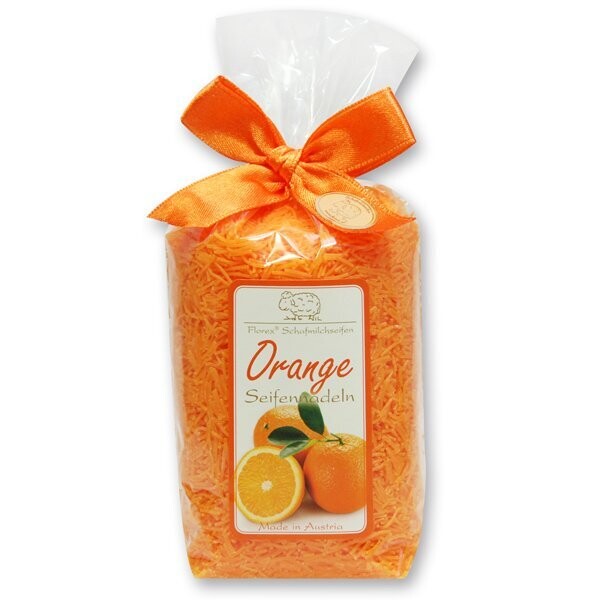Schafmilchseife Orange Seifennadeln, 100 g verpackt in Cello Schafmilchseife Orange Seifennadeln, 100 g verpackt in Cello