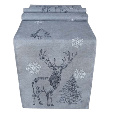 Läufer 40x140 grau/weiß Stickerei Läufer 40x140 grau/weiß Stickerei "Hirsch/ Bäume/ Schneesterne"