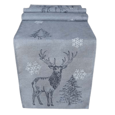 Läufer 40x140 grau/weiß Stickerei "Hirsch/ Bäume/ Schneesterne"
