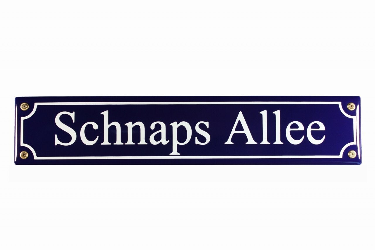 Emaille Schild "Schnaps Allee"| weiß/blau