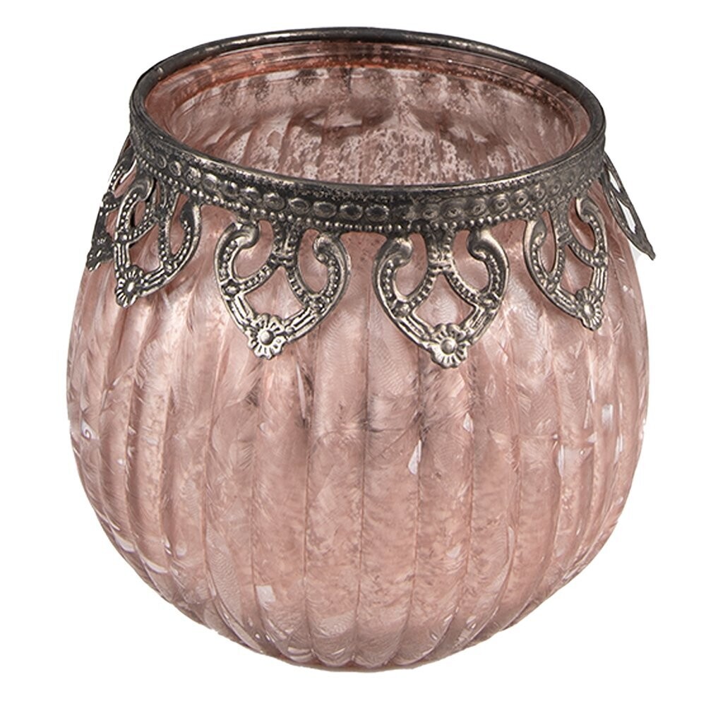 Teelichthalter aus Glas mit Streifen | rosa mit silber Rand