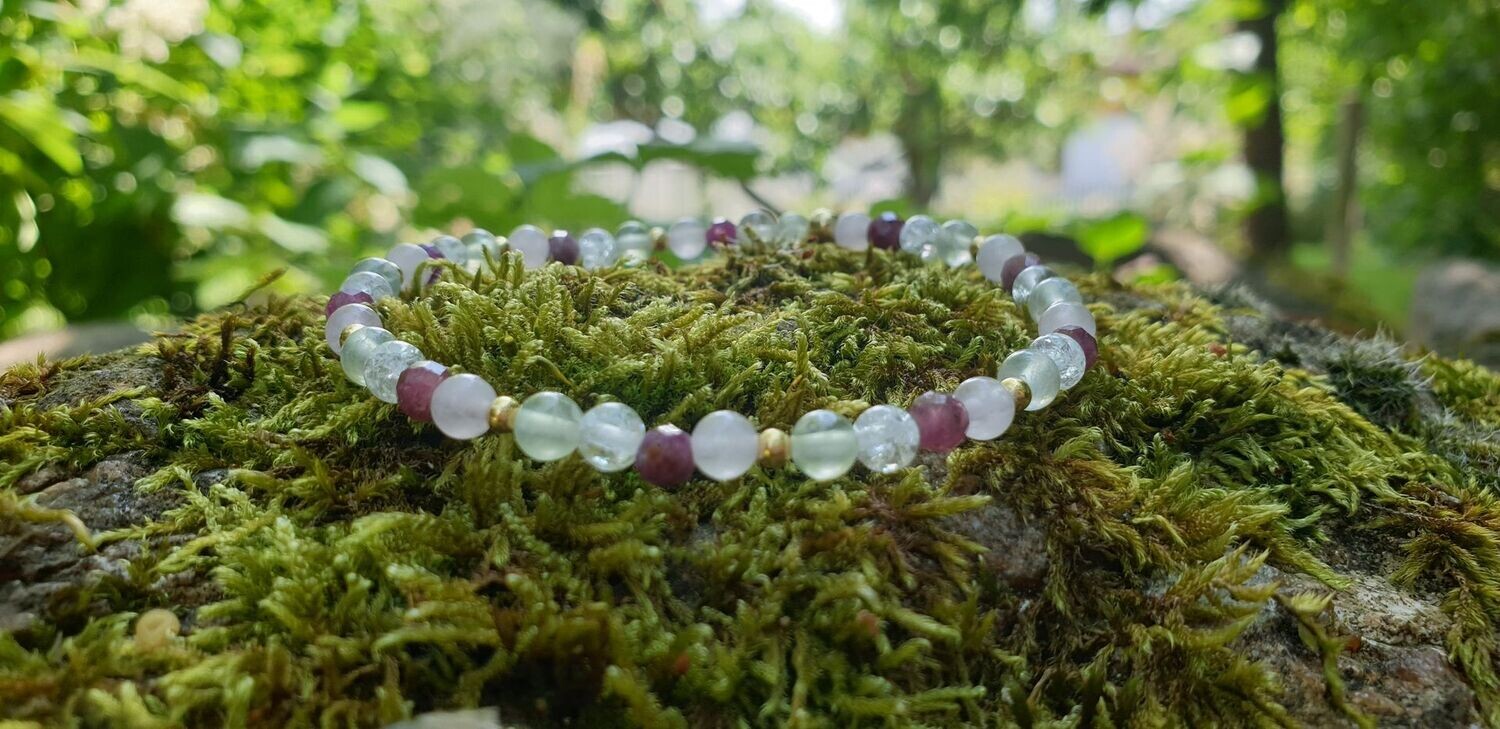 Armband mit Rosenquarz, pinken Turmalin, Prehnit & Bergkristall