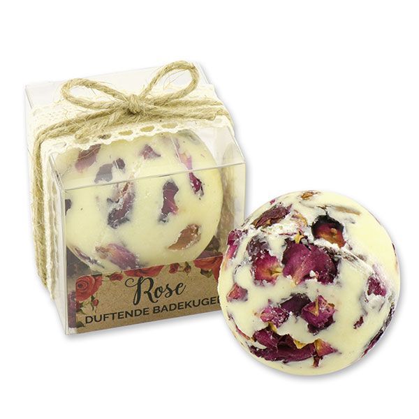 Badebutter-Kugel mit Schafmilch 50g in Cellobox "Wohlfühlzeit", Rose mit Blüten