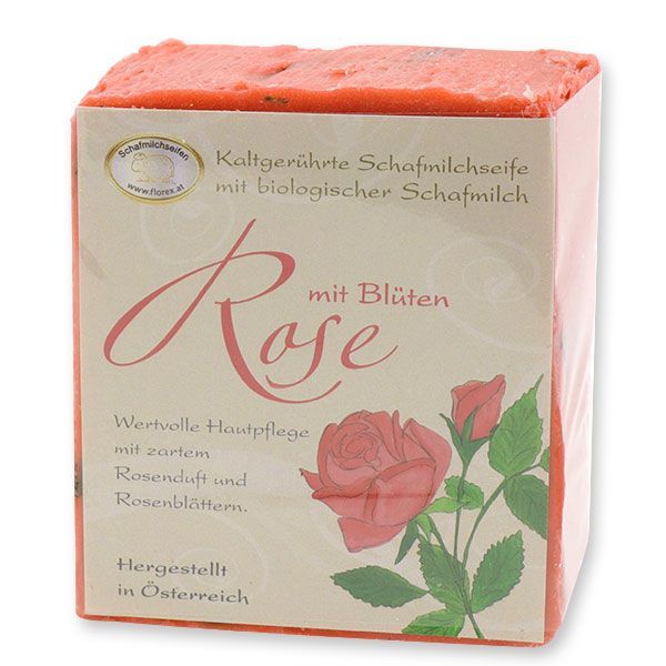 Kaltgerührte Schafmilchseife 150g klassisch verpackt, Rose mit Blüten Kaltgerührte Schafmilchseife 150g klassisch verpackt, Rose mit Blüten