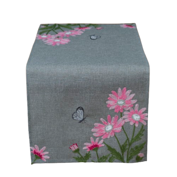 40/85 Tischläufer Kurbelstickerei "rosa Margeriten", grau