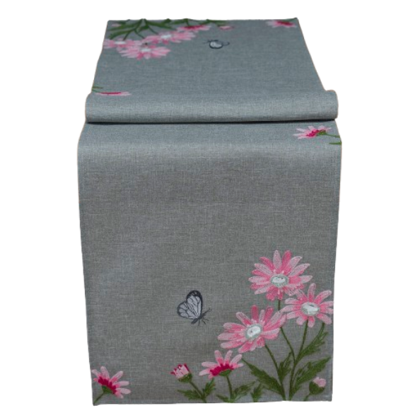 40/140 Tischläufer Kurbelstickerei "rosa Margeriten", grau