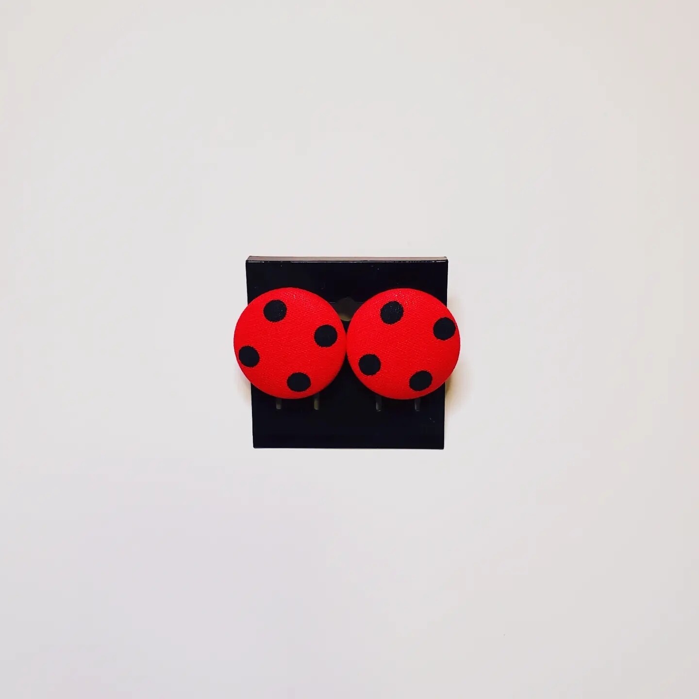 Button Earrings- Red &amp; Black Polka Dot