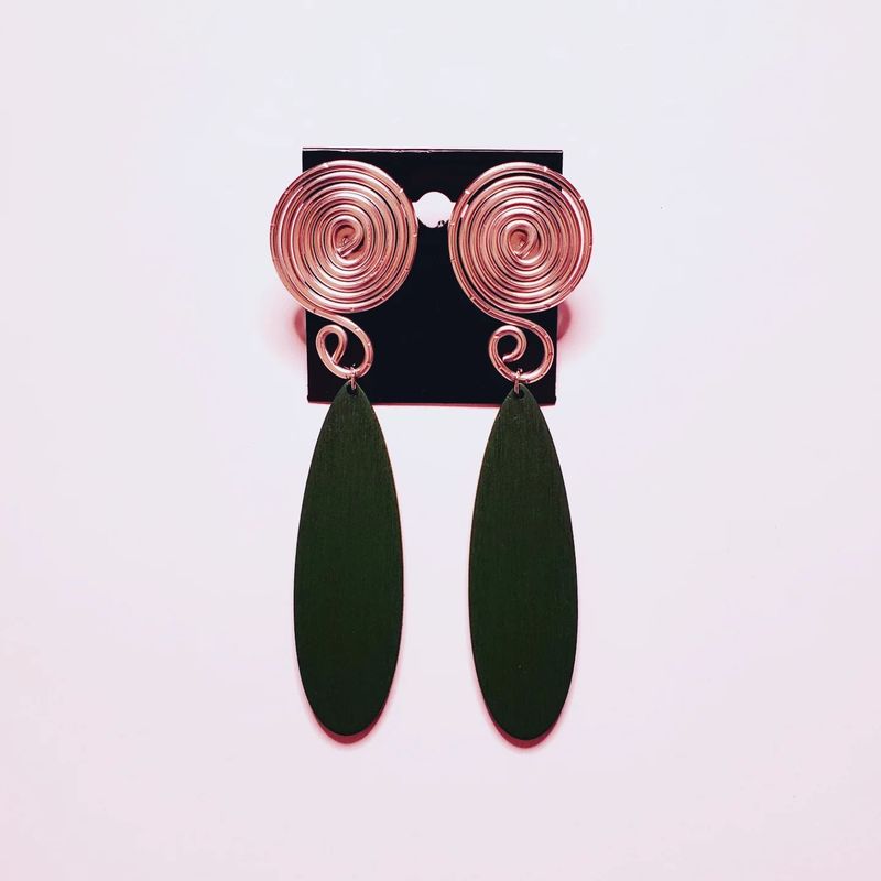 Wire &amp; Wood Stud Earrings-Green