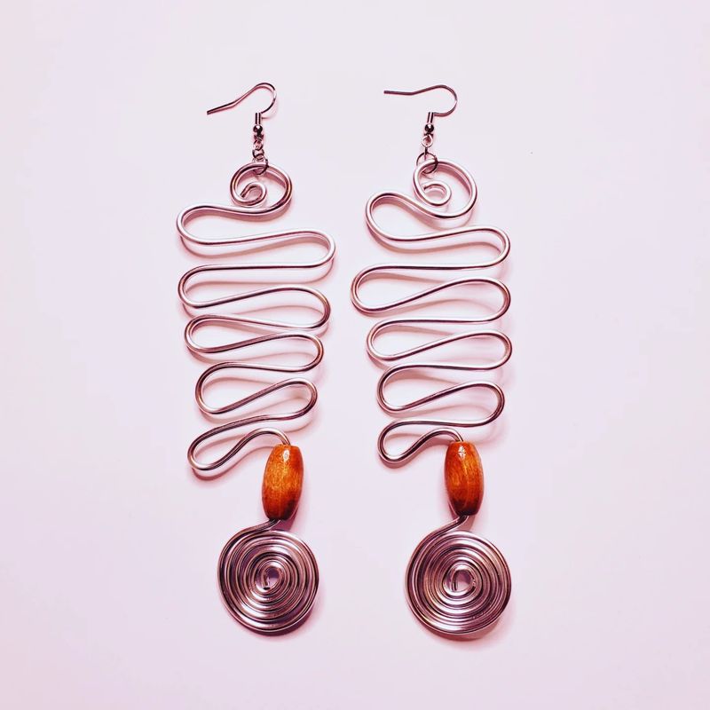 Wire Earrings - Silver w/ Brown Beads