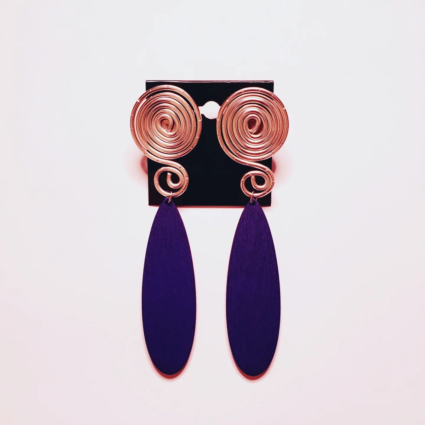 Wire &amp; Wood Stud Earrings- Navy Blue