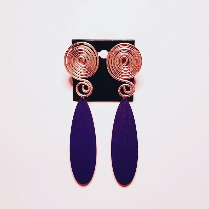 Wire &amp; Wood Stud Earrings- Navy Blue