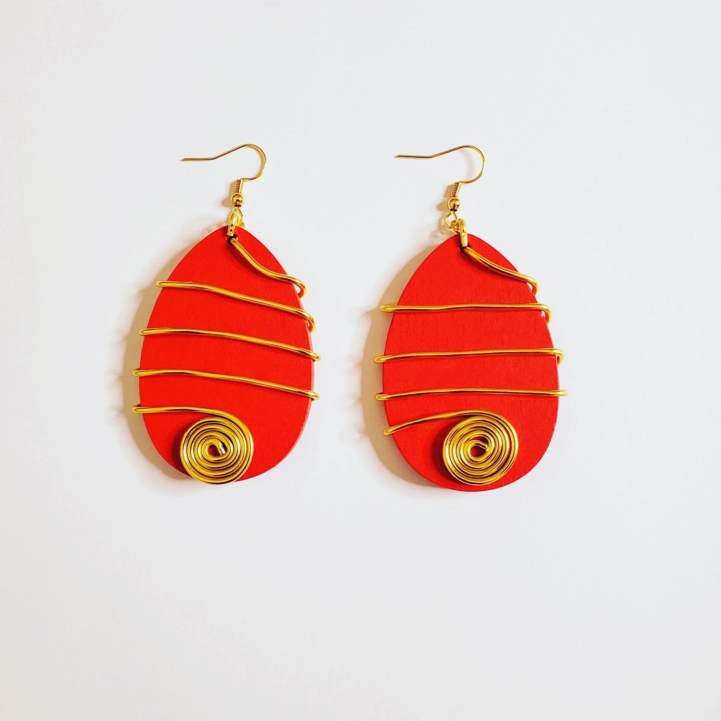Wire &amp; Wood Earrings- Red Orange