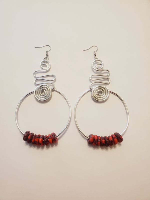 Wire Hoops w/ African Beads- Silver
