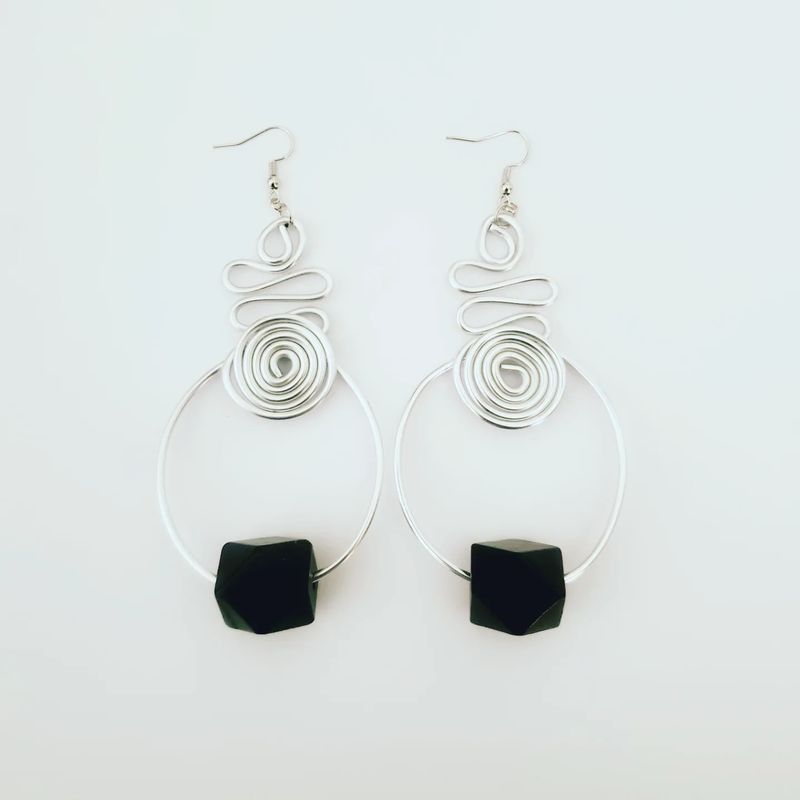Wire Earrings w/ Black  Wooden Beads