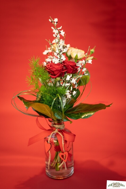 Mazzo ROSE ROSSE - 3 Rosa in vaso vetro